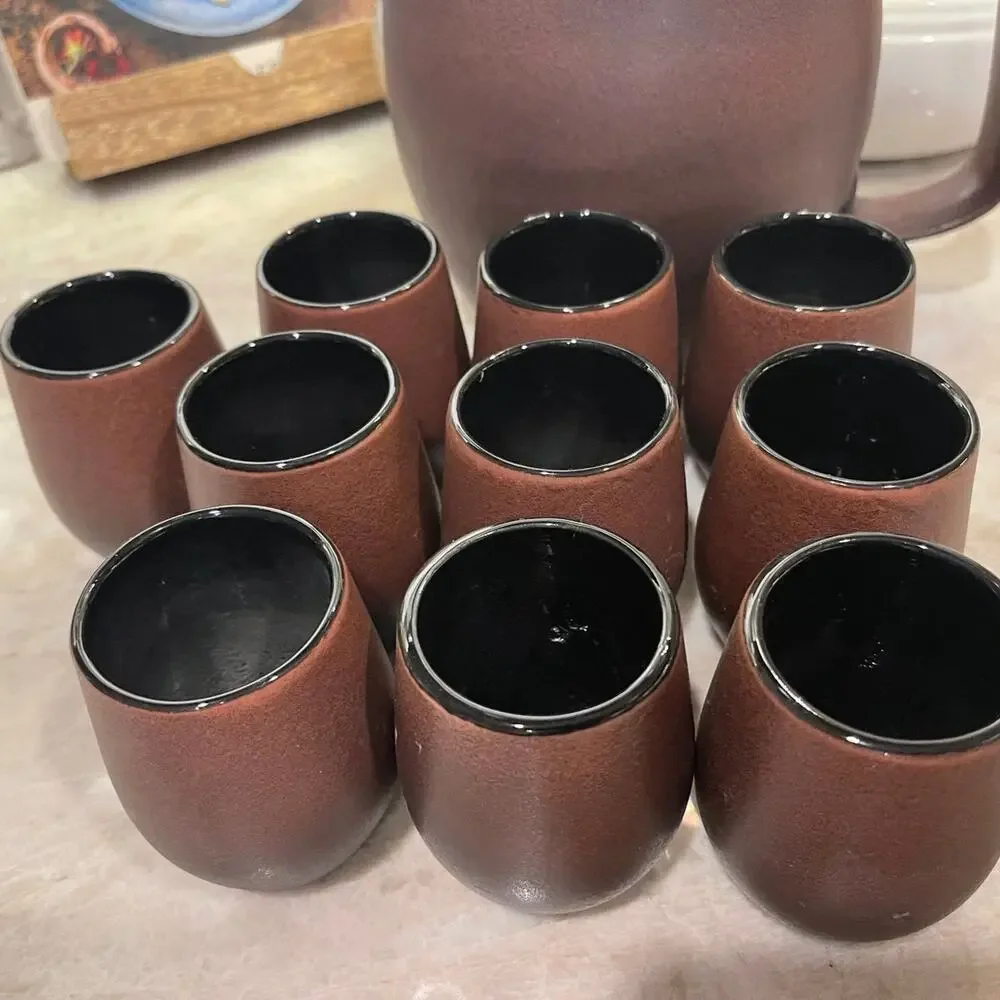 Cara Espana Sangria pottery pitcher and cups matte brown